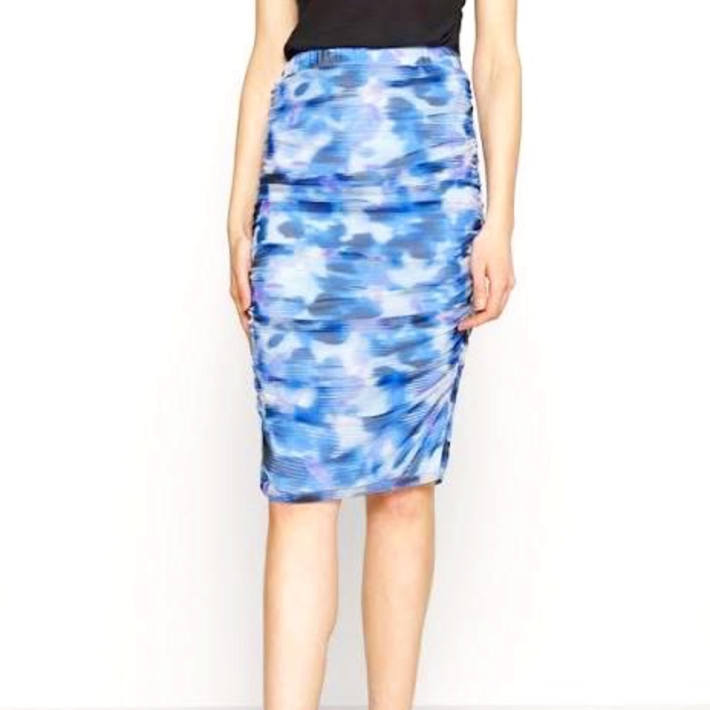 DKNY Frosting Blue/White Ruched Mesh Pencil Skirt NWT